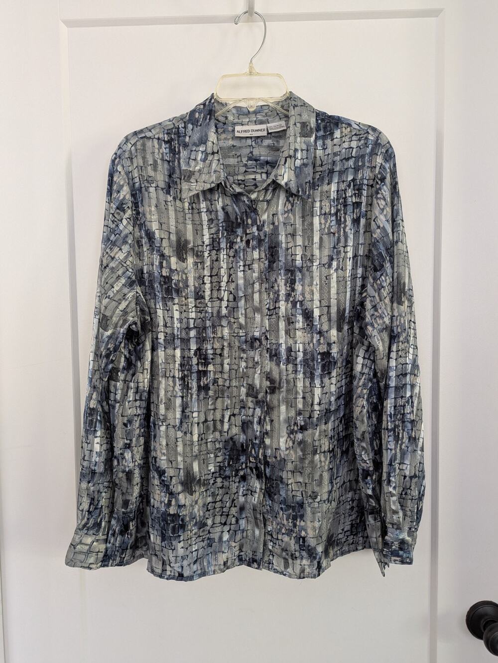Alfred Dunner Size 20 Blue Gray Metallic Button Up Long Sleeve Blouse Tunic